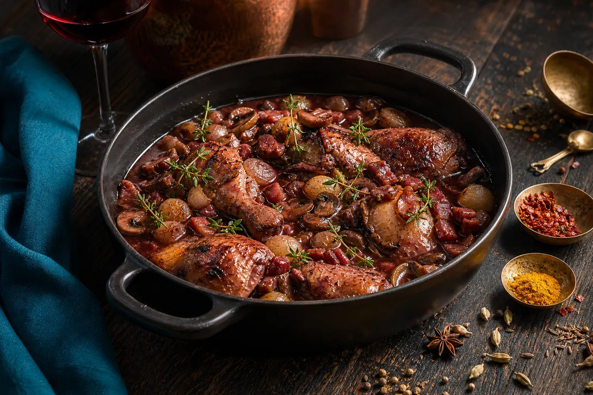 Fransk hane i rødvin: coq au vin fra Bourgogne