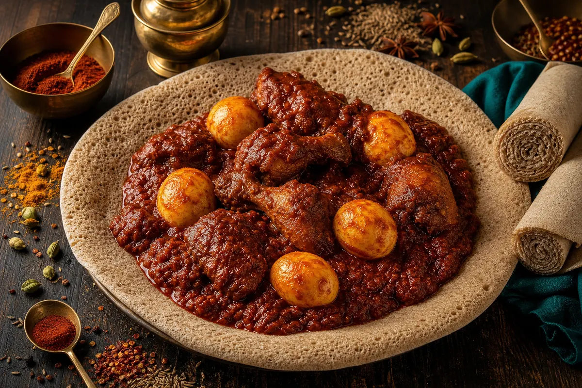 Etiopisk kyllingegryde med berbere og injera (doro wat)