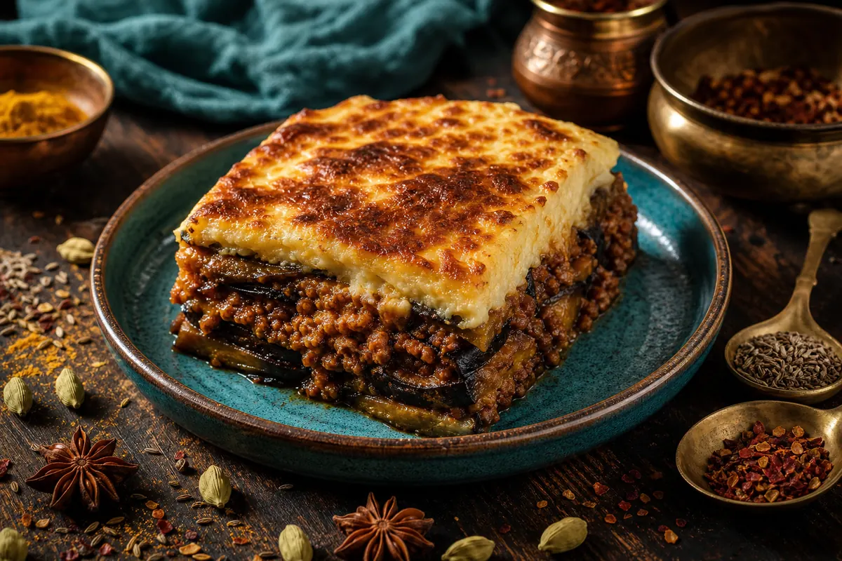Græsk moussaka med aubergine og cremet bechamel