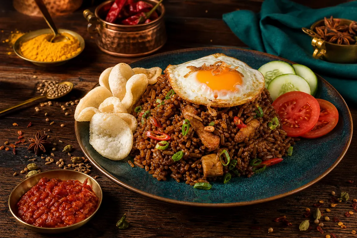 Indonesiske stegte ris med kecap manis, sambal og spejlæg (nasi goreng)