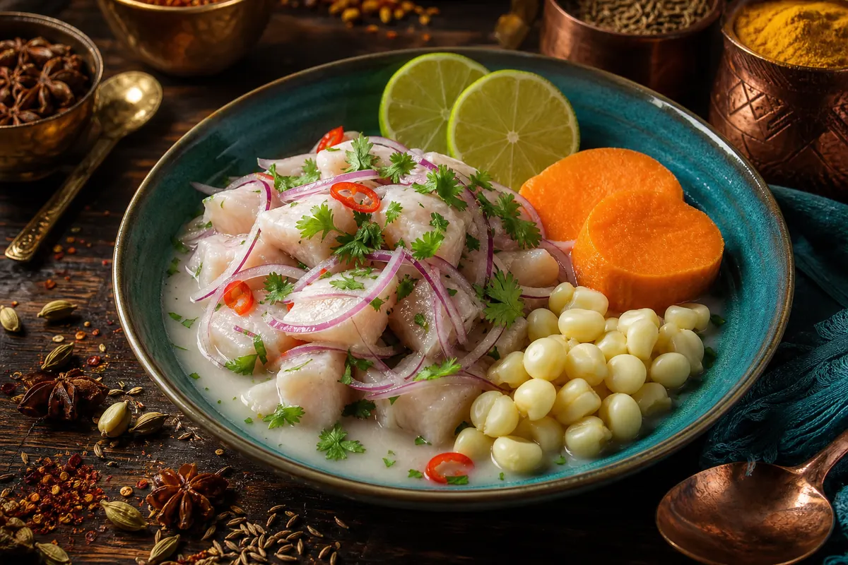 Peruviansk ceviche med tigermælk, rødløg og sød kartoffel