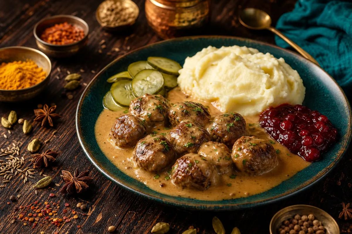 Svenske kødboller med flødesauce og tyttebær (köttbullar)