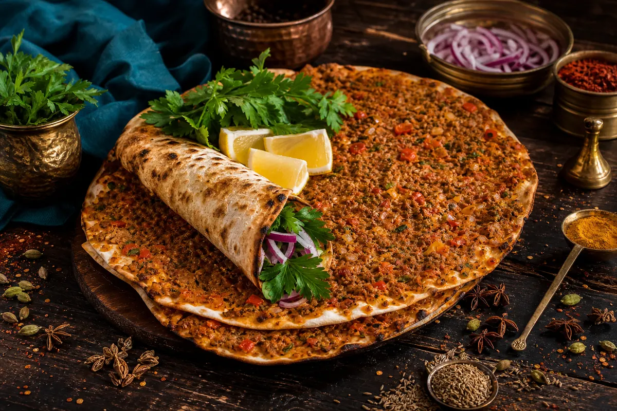 Tyrkisk fladbrødspizza med krydret lammefars, persille og citron (lahmacun)